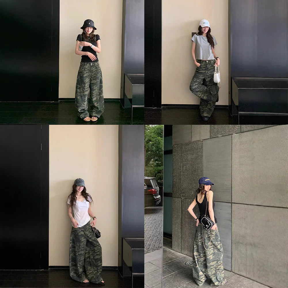 YJKDYK High Waist Camouflage Workwear Jeans Women's Autumn Spring American Retro Wide Leg Floor-Length Pants Trendy High Street