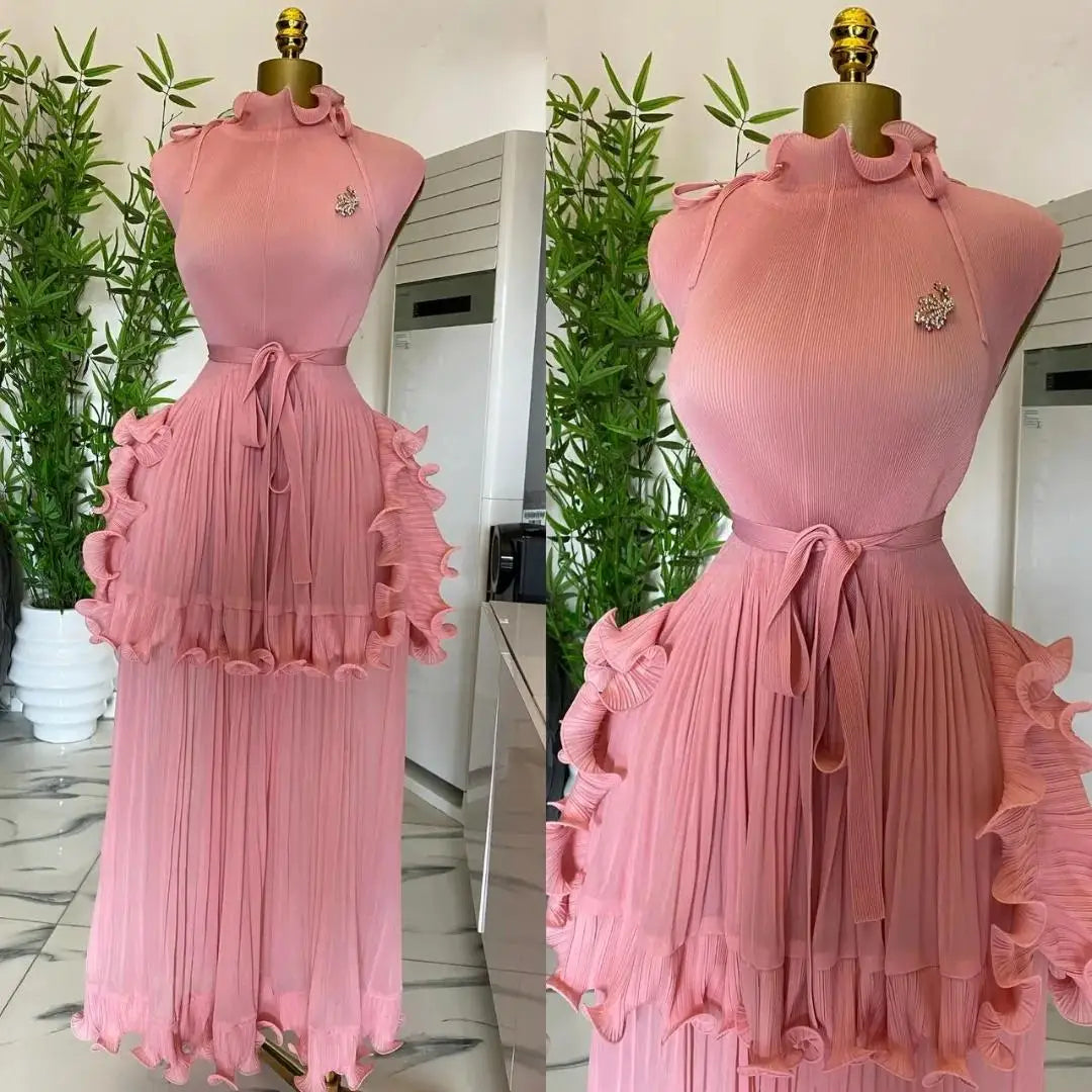 EGRM 2025 Summer New Pleated Dress Women's Solid Sleeveless Ruffles Lace Bottom Skirt with Belt Fashion Female Dresses 9R5618