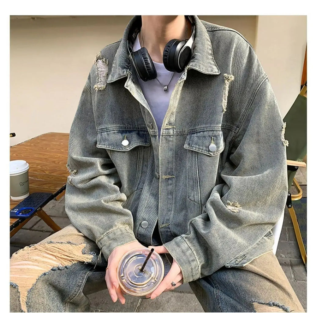 Washed Ripped Denim Jacket Men's 2026 Spring and Autumn Jacket Casual Trend