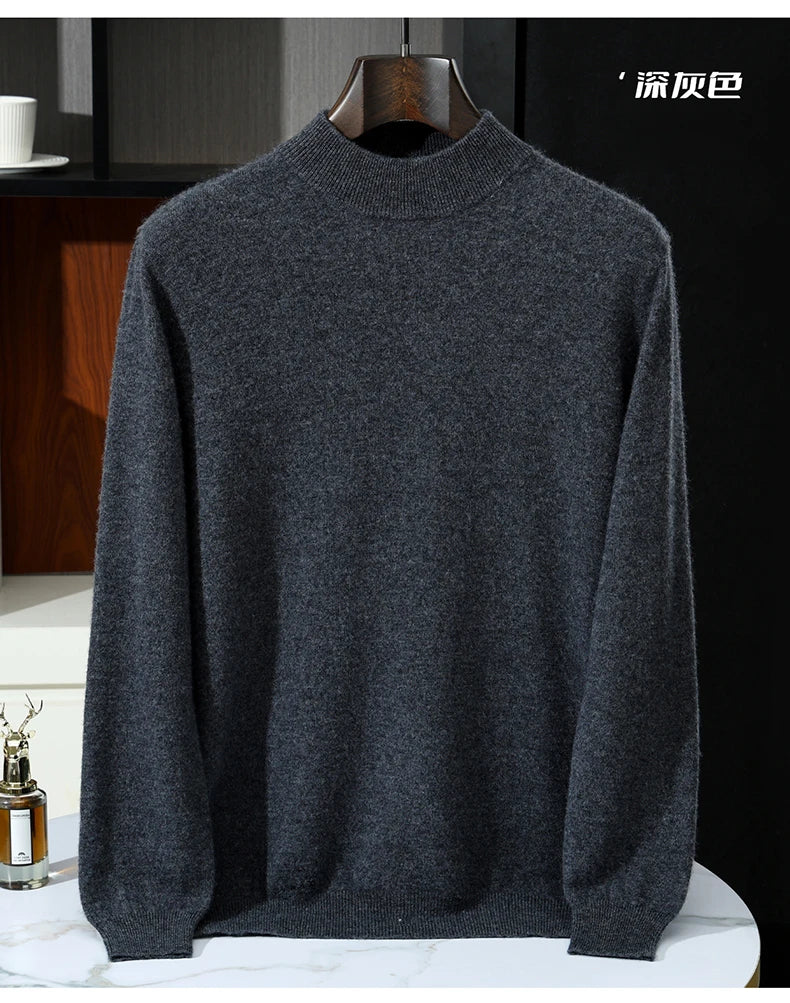 Autumn/Winter Men's 100% Pure Cashmere Pullover Business Casual Solid Knitted Sweater Loose Half High Neck Tops Thick Jumper