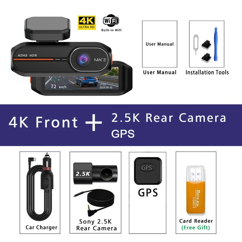 UHD 4K 3840*2160P Dash Cam ADAS WiFi GPS Front 4K Rear 2.5K DVR Video Recorder 24H Night Vision Dash Cam Car Camera Black Box