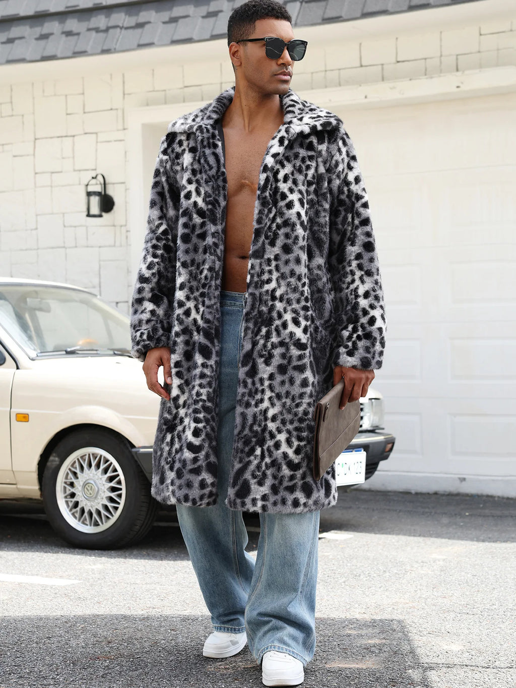Men Faux Fur Coats Leopard Jackets Color Blocked Turn Down Collar Long Sleeve Single Breasted Straight Casual 2025 Autumn Winter