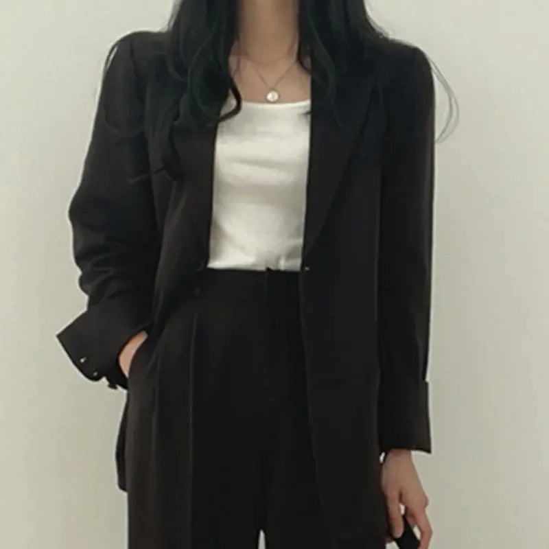 2026 Female Solid Color Blazer 2PCS Autumn Women Lapel Tops High Waist Outfit Korean Ladies Long Sleeves Suit Wide Leg Pants