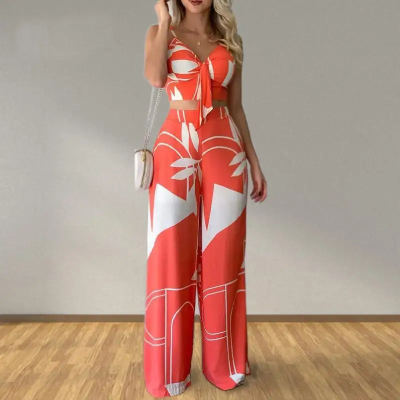 Elegant Two Piece Outfits For Women 2025 Sexy V-Neck Strap Backless Lace-up Slim Crop Top & Wide Leg Pants Sets Summer Lady Suit