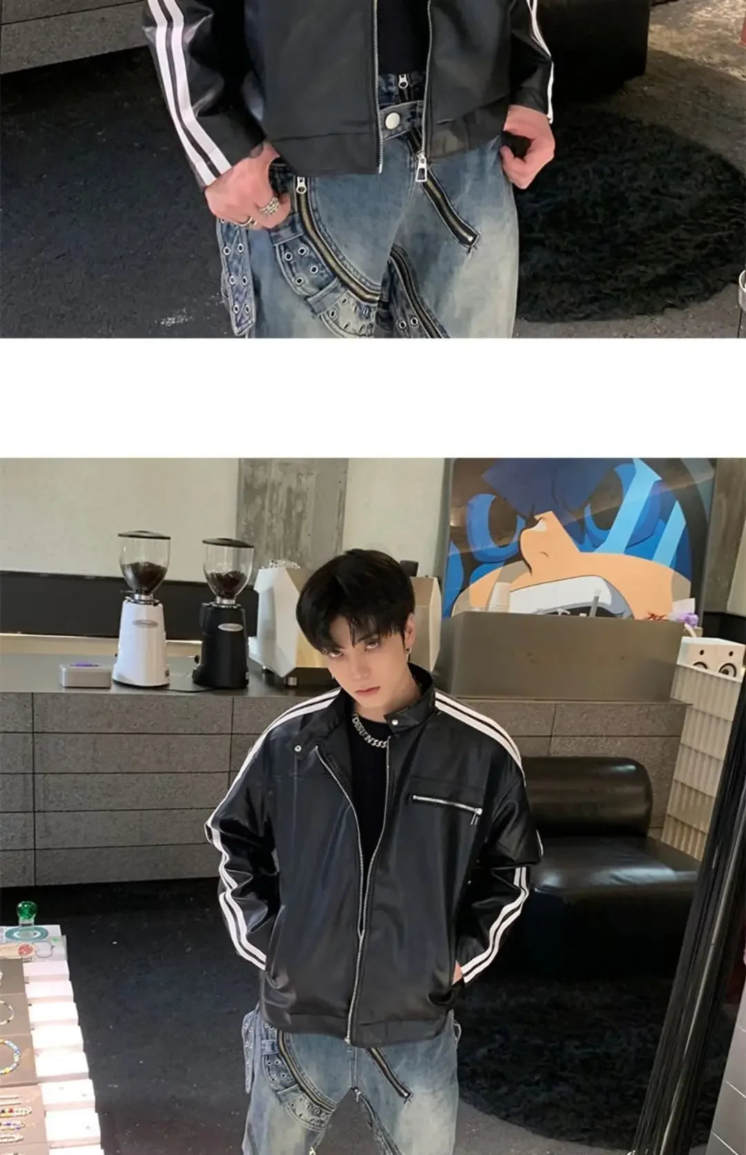 Retro Leather Jacket Men Women  American Patchwork Strip Racing Outerwear Loose Hip Hop Zippers Brown PU Coat Streetwear Spring