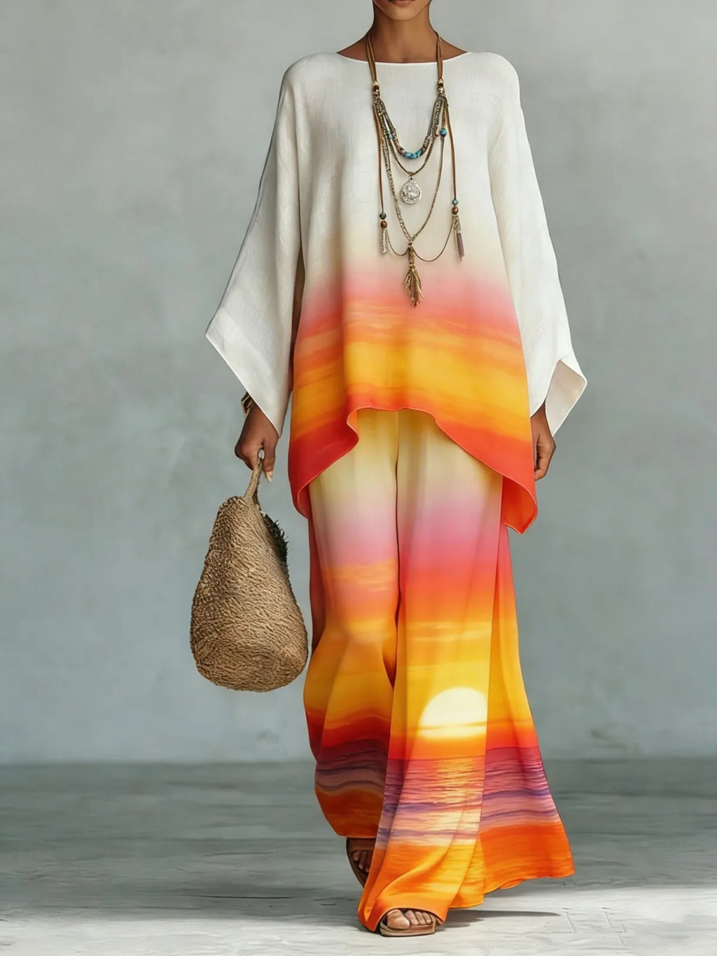 Bohemian Foreign Style Printed Women's Two-piece Set Spring Fashion O-neck Loose Top+wide Leg Pants Suit Ladies Office Outfit