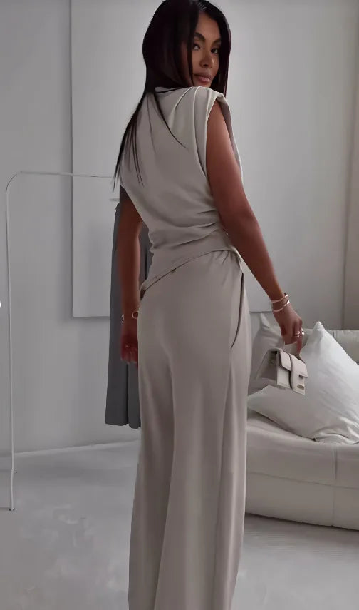 Women's Sleeveless Asymmetric Top & Wide Leg Pants Set Solid Color High Waist Casual Two Piece Outfit Office Lady Simple Set