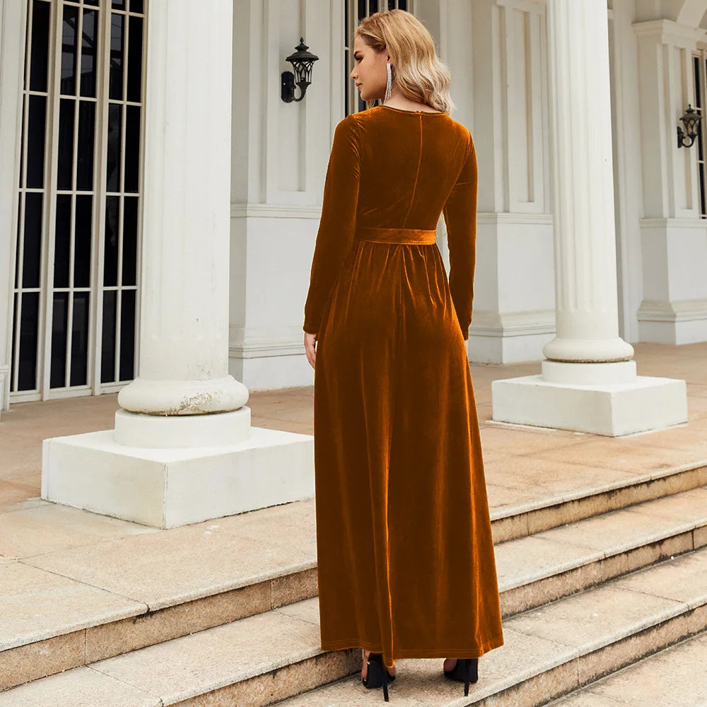 Spring 2025 Elegant Red Long Dress Velvet Solid Color Premium Formal Evening Vestidos Festa Luxo Rojo Maxi Dresses For Women