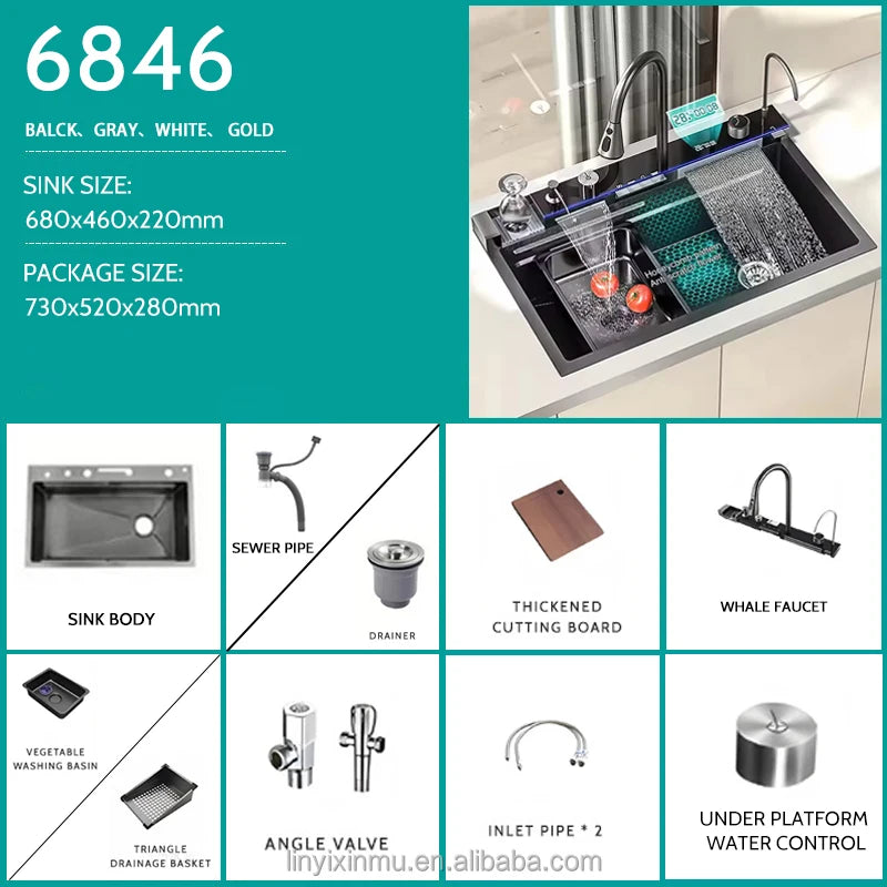 LED Factory 304 Stainless Steel Anti-Scratch Kitchen Sink Multifunction LED Digital Display Pull-Out Faucet Single Bowl Design