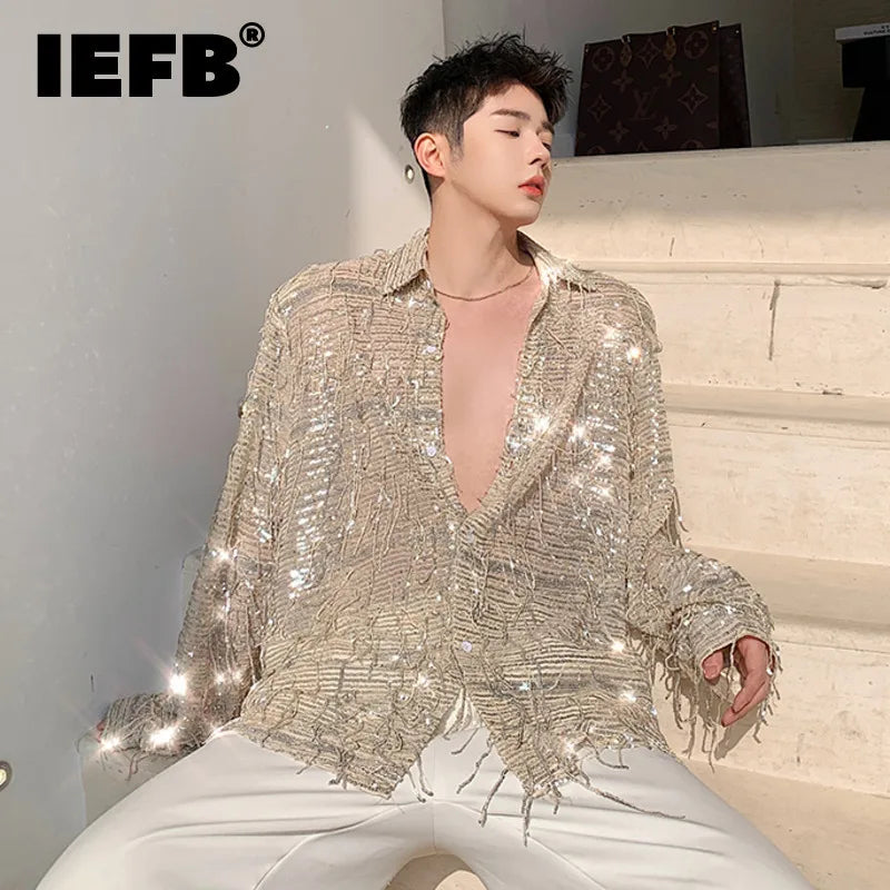 IEFB Spring Summer Men's Shirt Long Sleeve New Irregular Sequin Tassel Shirts Niche Streetwear Korean Style Male Top Tide 9Y7232