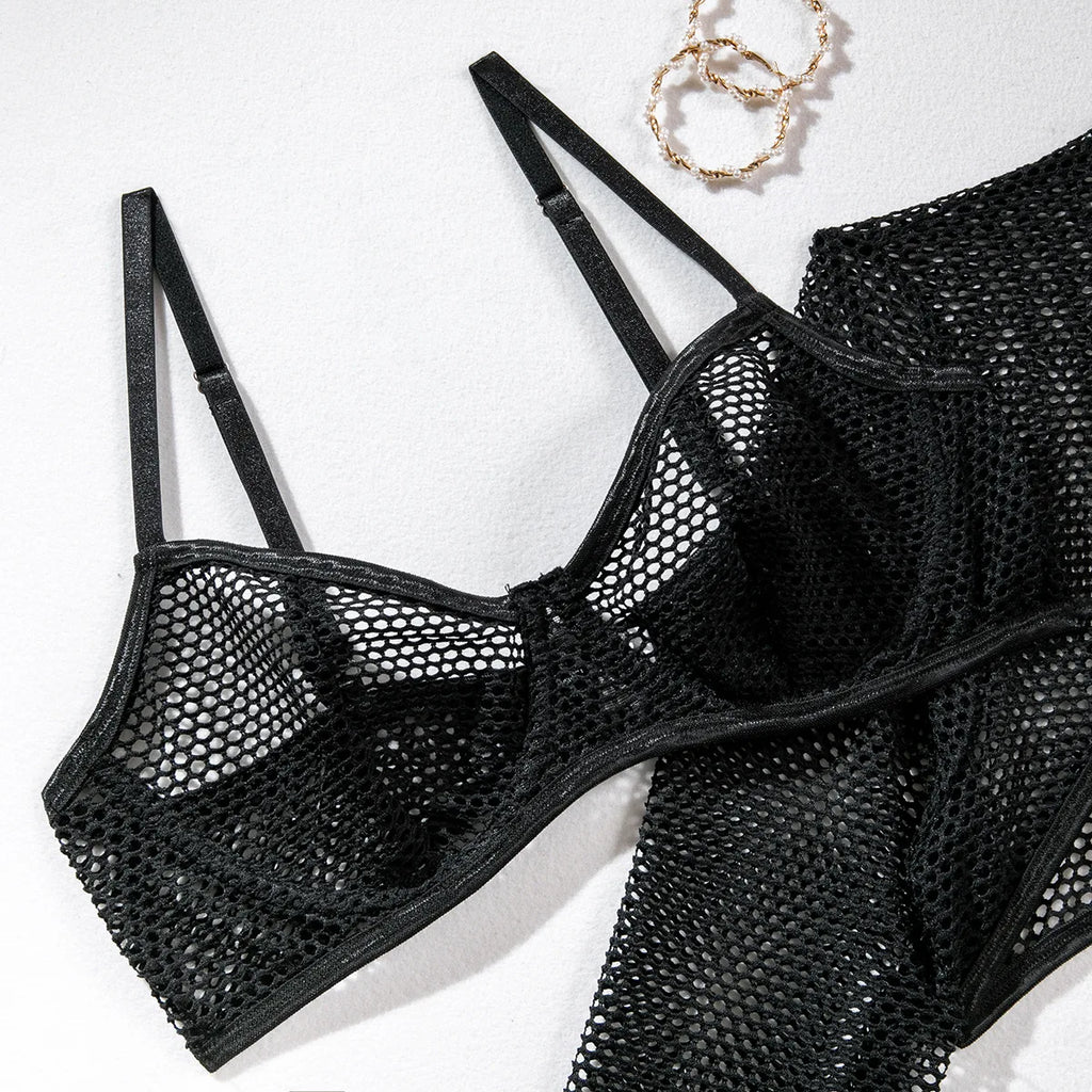Sexy Transparent Bra Set With Long Sleeve Crop Top Fishnet Lingerie Eco-Friendly Packing