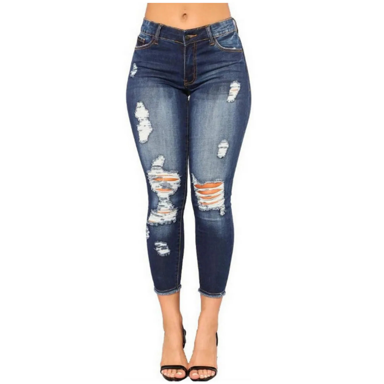 Womens Capri Jeans Cropped Skinny Ripped Jeans Pants Stretch Distressed Destroyed Denim Pants Ankle
