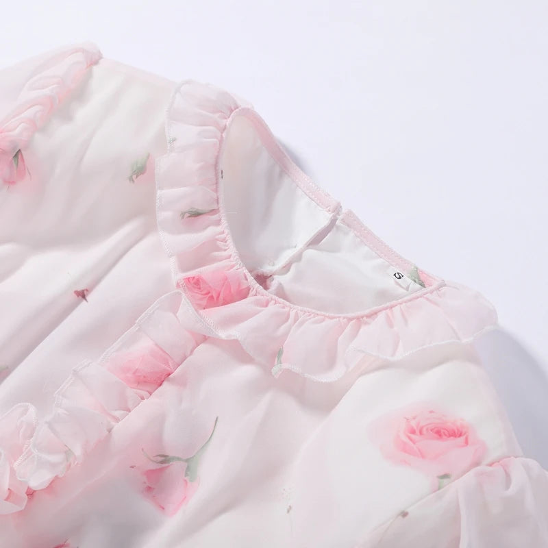 Elegant Floral Print Chiffon Dress Women's Backless Long Sleeve Ruffle Waist Cutout Tiered Dresses 2026 New Lady Party Wear