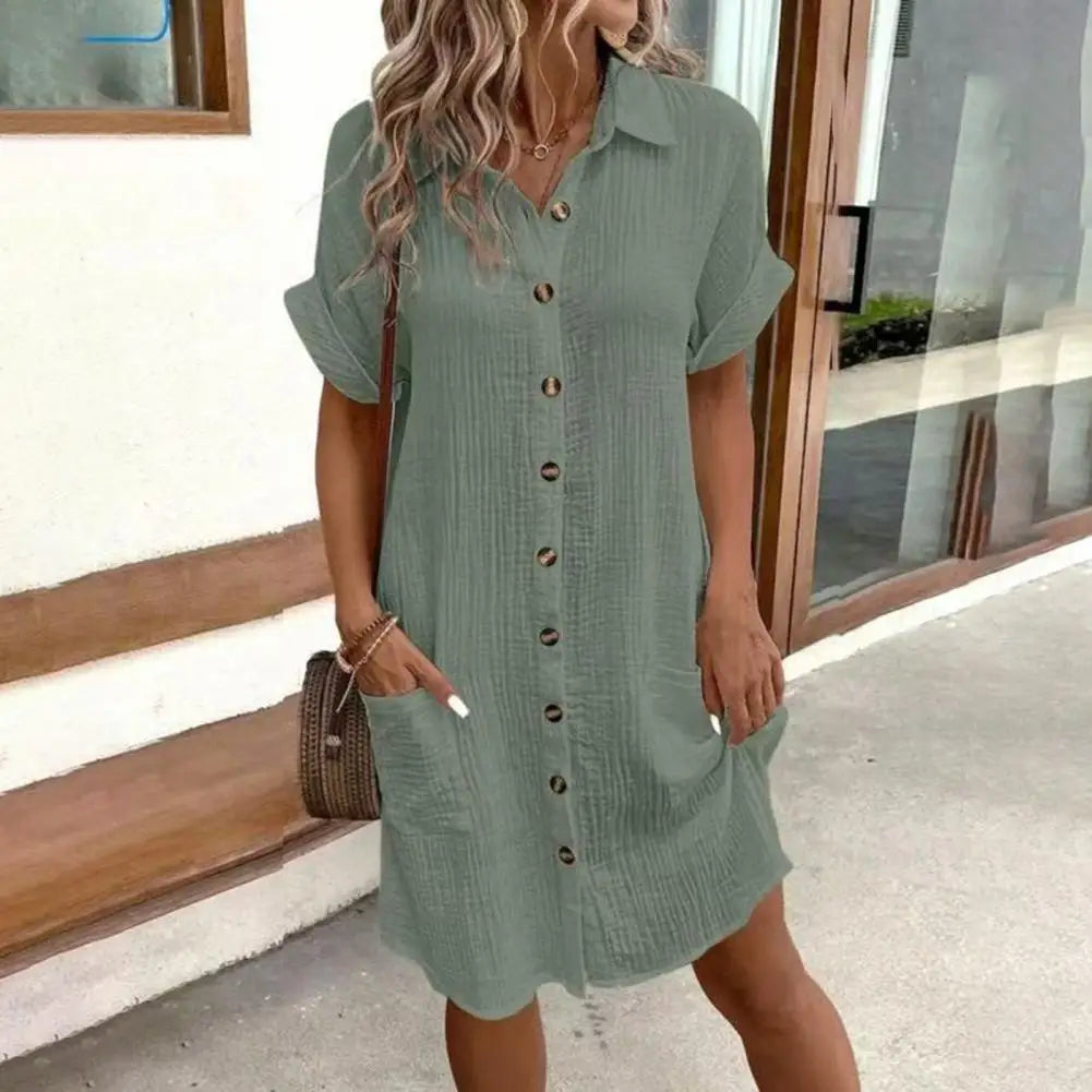 2026 Women's Cotton Linen Dress Casual Button Down V-neck Dress Summer Short Sleeve Beach Sundress Elegant Women Maxi Dress