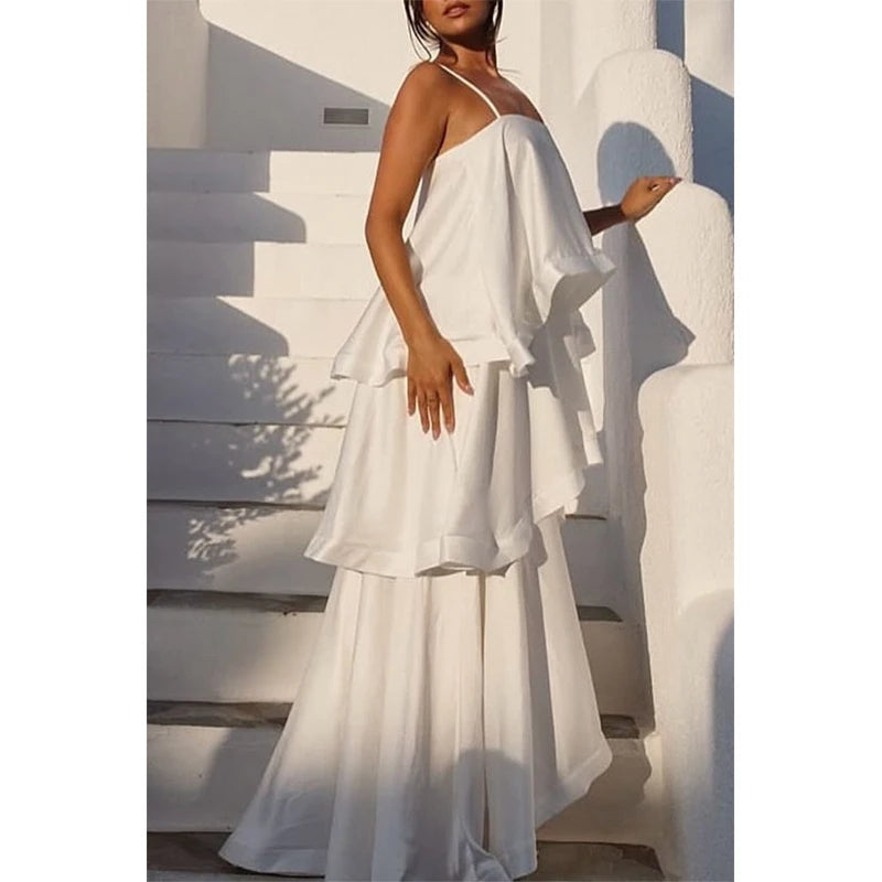 Chic Multicolored Pleated Women Maxi Dress Elegant Spaghetti Strap Ruffle Tiered Flowy Vestidos 2026 Summer Lady Vacation Outfit