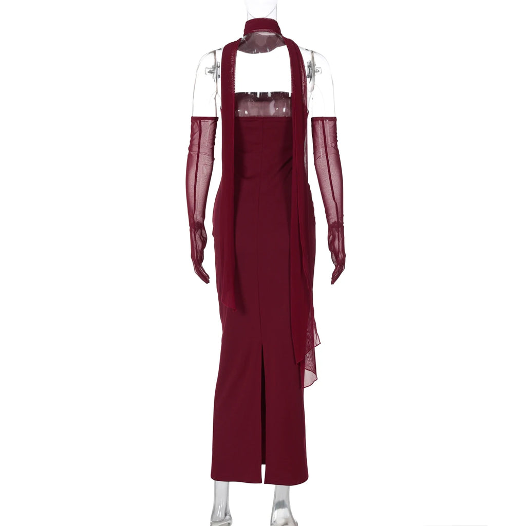 Hugcitar Elegant Scarf Strapless Solid Mesh Gloves Sexy Bodycon Maxi Prom Dress Women Fashion Y2K Outfits Wedding Party Birthday