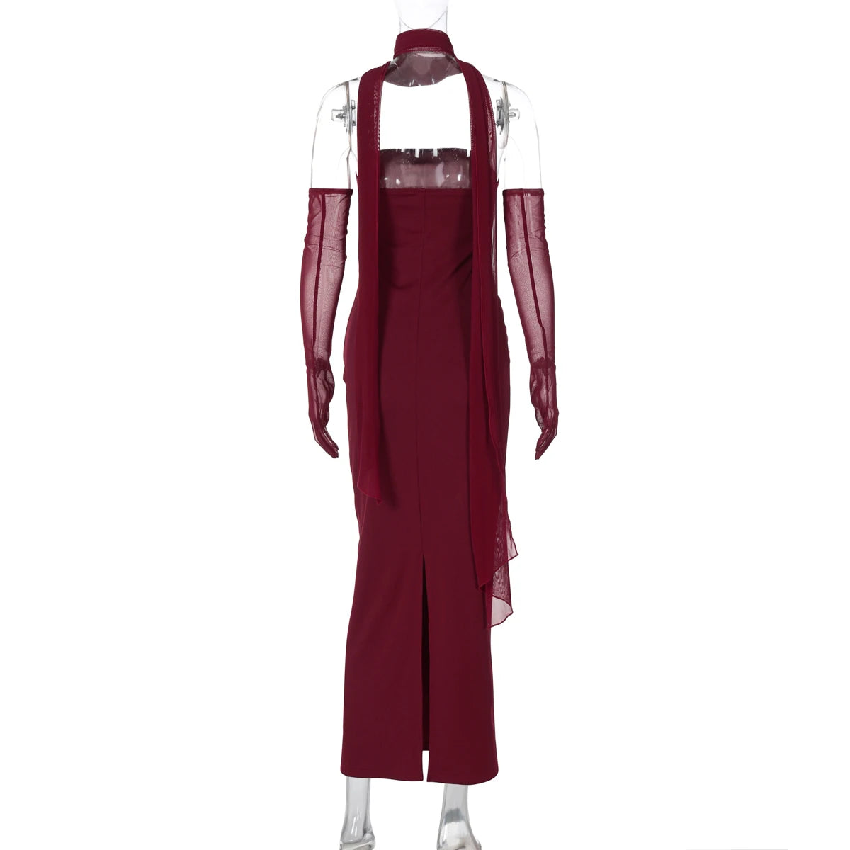 Hugcitar Elegant Scarf Strapless Solid Mesh Gloves Sexy Bodycon Maxi Prom Dress Women Fashion Y2K Outfits Wedding Party Birthday