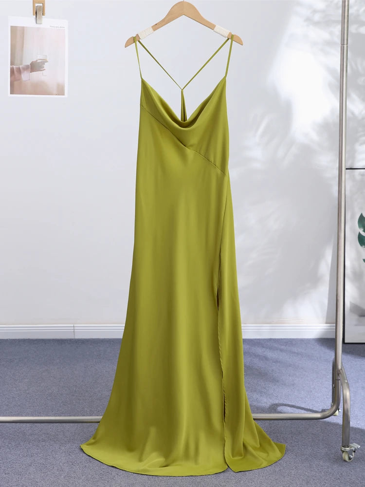 Backless Women Dress Satin Spaghetti Strap Maxi Dresses Back Tail Cowl Drape Front Neck Side Split Hem Elegant Evening Bodycon