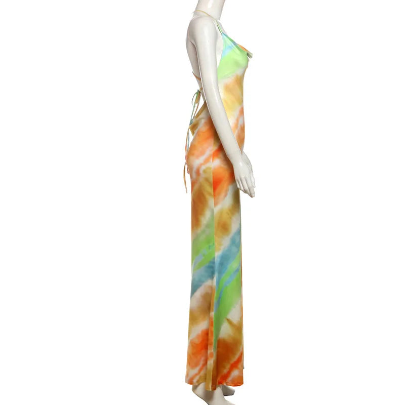 SKMY Summer Women's New Fashionable Streetwear Sexy Low Cut Slim Fit Halter Neck Backless Dress Printed Party Long Dresses