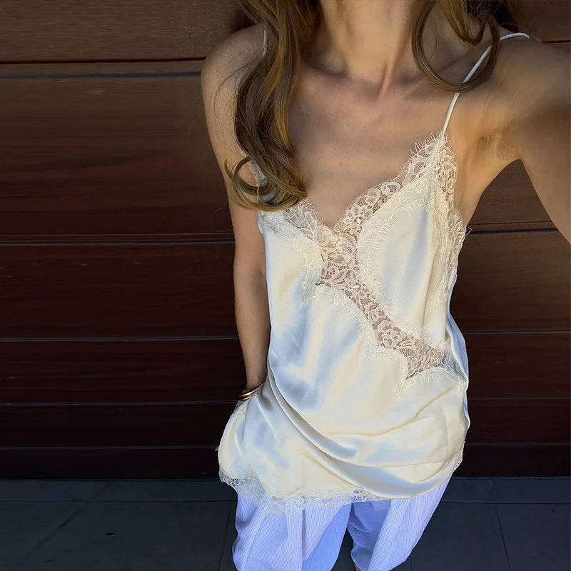 Sexy V-neck Sling Dress Women Fashion Sleeveless Lace Patchwork Irregular Mini Dresses 2025 Lady Summer Chic Casual Holiday Robe