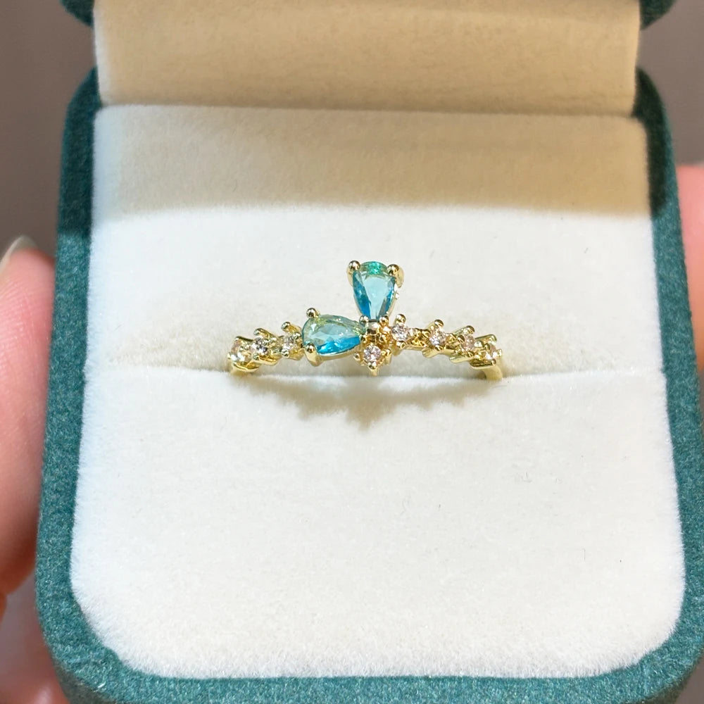 Vintage Blue Crystal Bow Knot Rings Women Gold Plated Open Adjustable Ring Sweet Heart Zircon Pearl Finger Ring Fashion Jewelry
