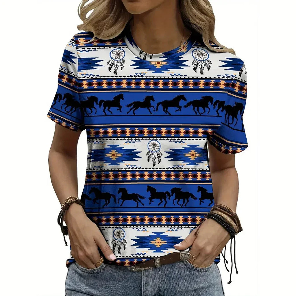 Vintage Ethnic T-Shirts Geometry 3D Print Women Casual Short Sleeves T Shirt Streetwear Y2k Harajuku Tees Tops Female Clothing