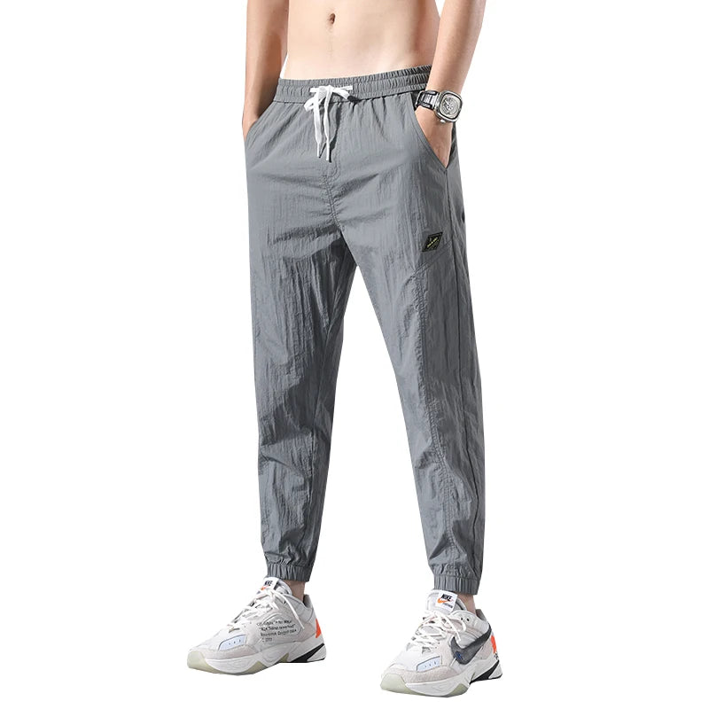 2026 Summer Thin Men's Wrinkled Fabric Loose Tapered Harem Pants Quick-Dry Elastic Cuff Casual Trousers Elastic Waist City Boy