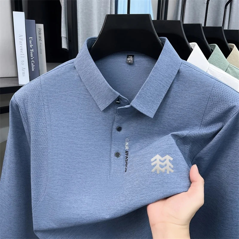 Men's Autumn Long Sleeved Polo Shirt Collar Offset Printing Breathable Mesh Design T-Shirt Sports and Casual Men's Clothing Top