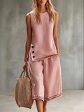 2026 New Women Two-Piece Set Cotton Linen Sleeveless Vest ＆ Capri Wide Leg Pants Suit Summer Chic 2 Piece Sets Women's Outfits