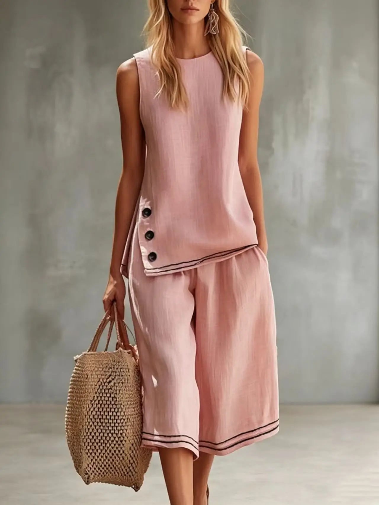 2026 New Women Two-Piece Set Cotton Linen Sleeveless Vest ＆ Capri Wide Leg Pants Suit Summer Chic 2 Piece Sets Women's Outfits