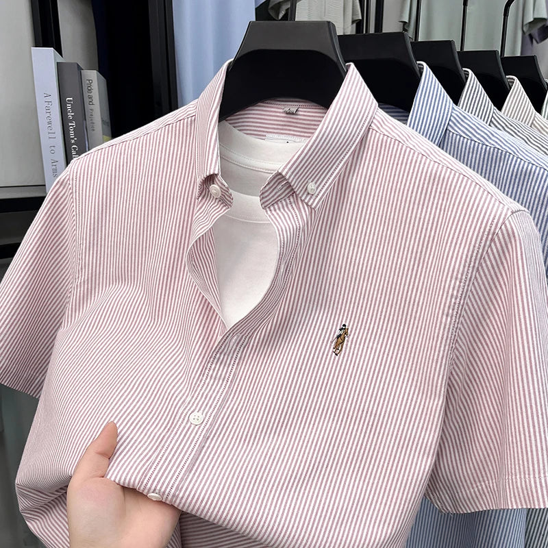 100% Pure Cotton Short Sleeved Shirt 2026 Summer New Men's Button Up Lapel Fine Stripe Middle-aged and Young Half Sleeved Shirt
