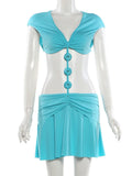 Joskaa Buckle Patchwork Blue Dress Woman Sexy  V-Neck Sleeveless Hollow Design Bodycon Mini Dresses Beachwear Party Clubwear