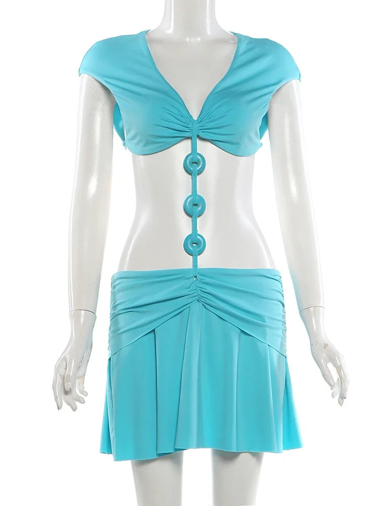 Joskaa Buckle Patchwork Blue Dress Woman Sexy  V-Neck Sleeveless Hollow Design Bodycon Mini Dresses Beachwear Party Clubwear
