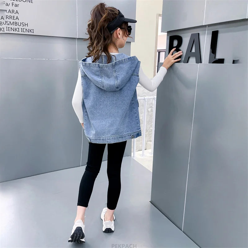 Korean Kids Vintage Hoodies Denim Vest For Girls Casual Streetwear Clothing Teens Child Hooded Denim Waistcoat Jacket Outfits
