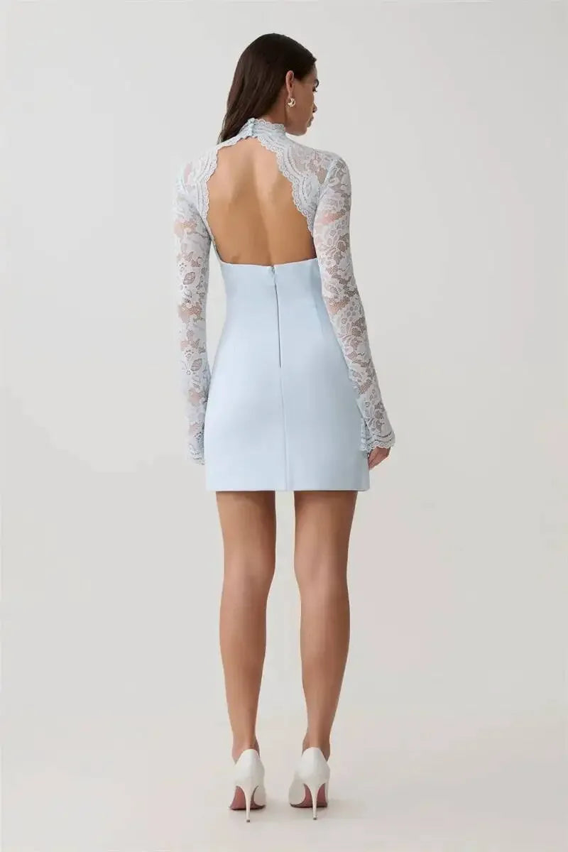 Women Elegant Lace Patchwork Sexy Mini Dress Fashion High Neck Long Flare Sleeve Backless Bodycon Club Party Dresses