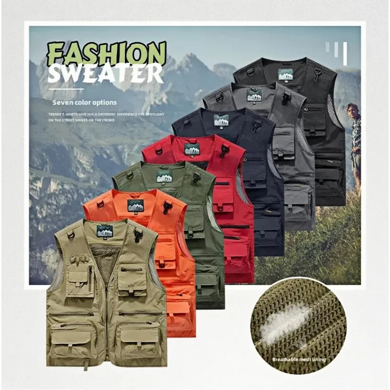 Men's Vest Summer Casual Photography Fishing Multi-Pocket Vest Outdoor Leisure Mountain Climbing Sleeveless V-Neck Custom Logo