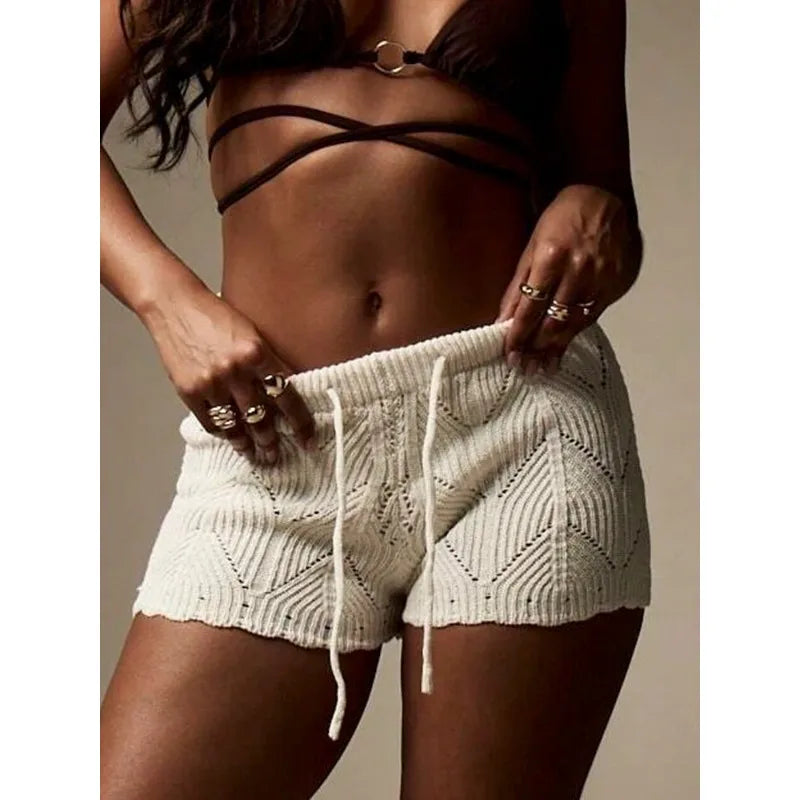 Women's Crochet Knitting Drawstring Shorts Comfortable Casual Beach Cover Ups Summer 2026 Vacation Bathing Suit Bikini Cover Up