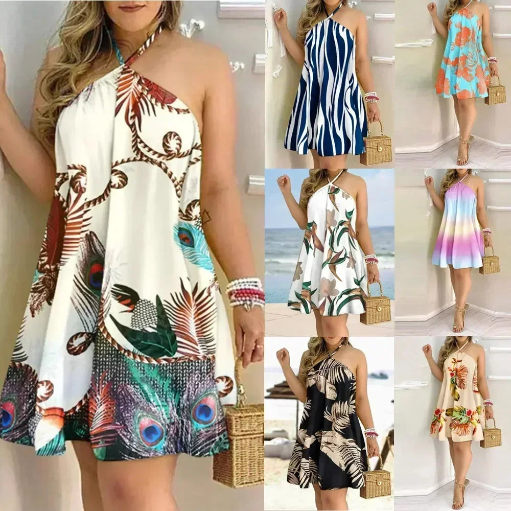 Women Halter Neck Swing Mini Dress Tropical Floral Leaf Print Loose A Line Sleeveless Beach Vacation Dress