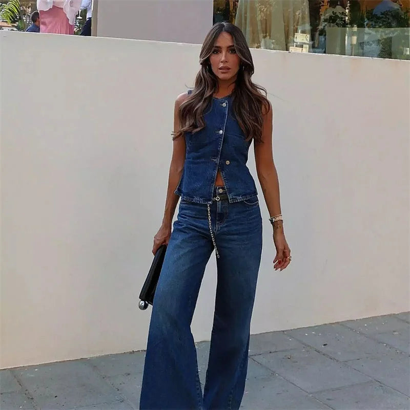 Streetwear Denim 2 Piece Sets Women Outfit Spring Summer Women 2025 Sleeveless Vest Top Wide Leg Pants Sets Jeans Two Piece Set