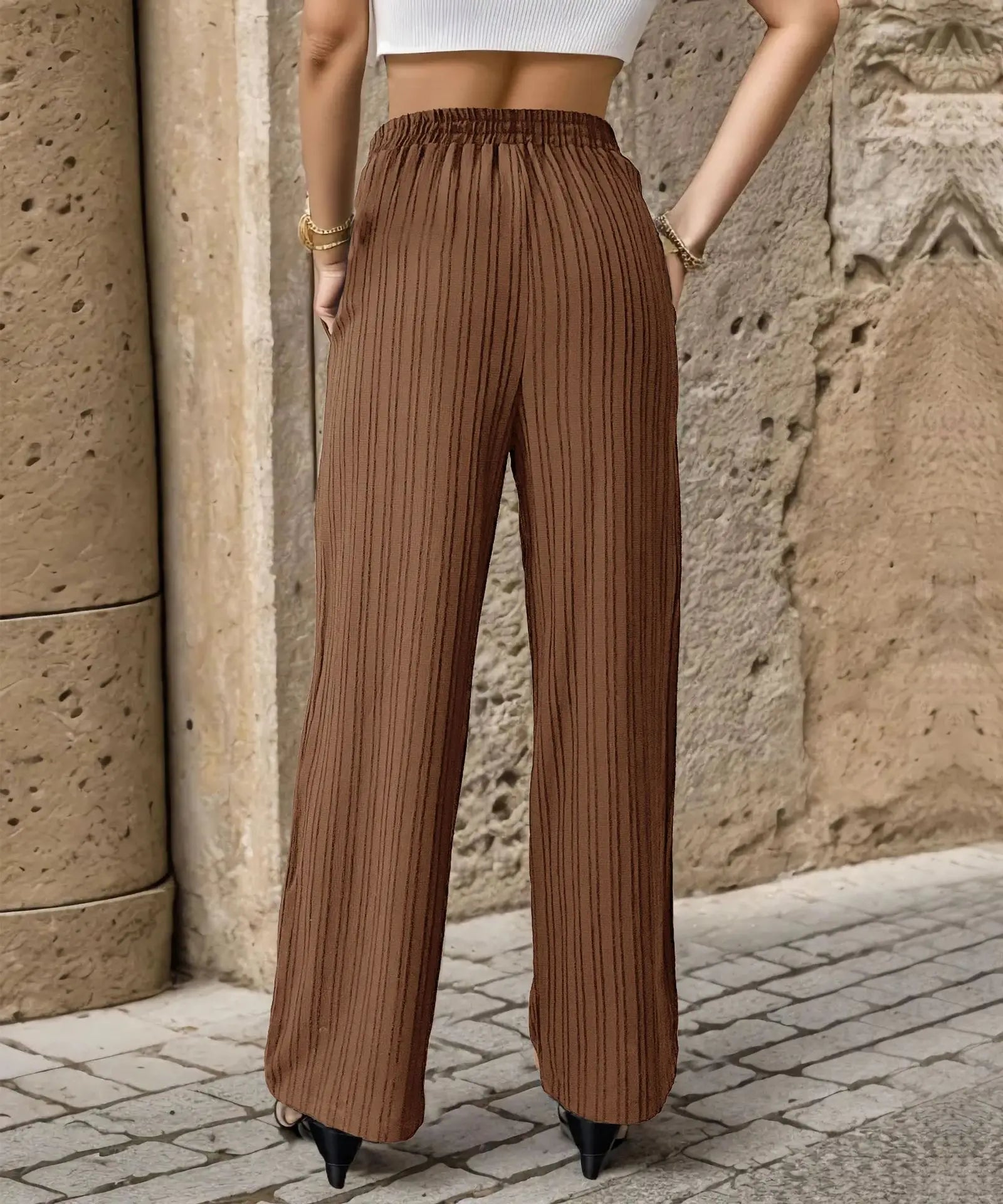 Womens High Waist Pleated Wide Leg Pants Simple Versatile Loose Casual Trousers