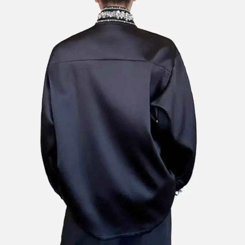 PFHQ Diamond Decoration Satin Long Sleeve Male Shirts Stand Collar Solid Color Single Breasted Men's Wear 2025 New Fashion9C7199