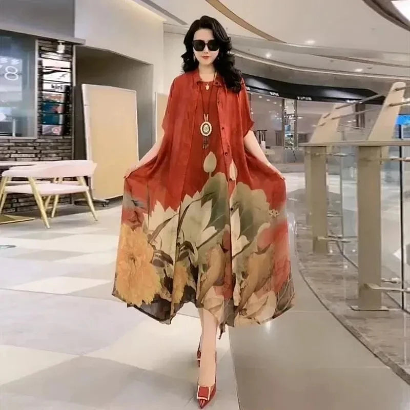 Authentic Silk Dress for Mother, Silkworm Loose Dress, High-End Print, 2-Piece Dress, Women's Dresses, Spring, Summer, New, 2023