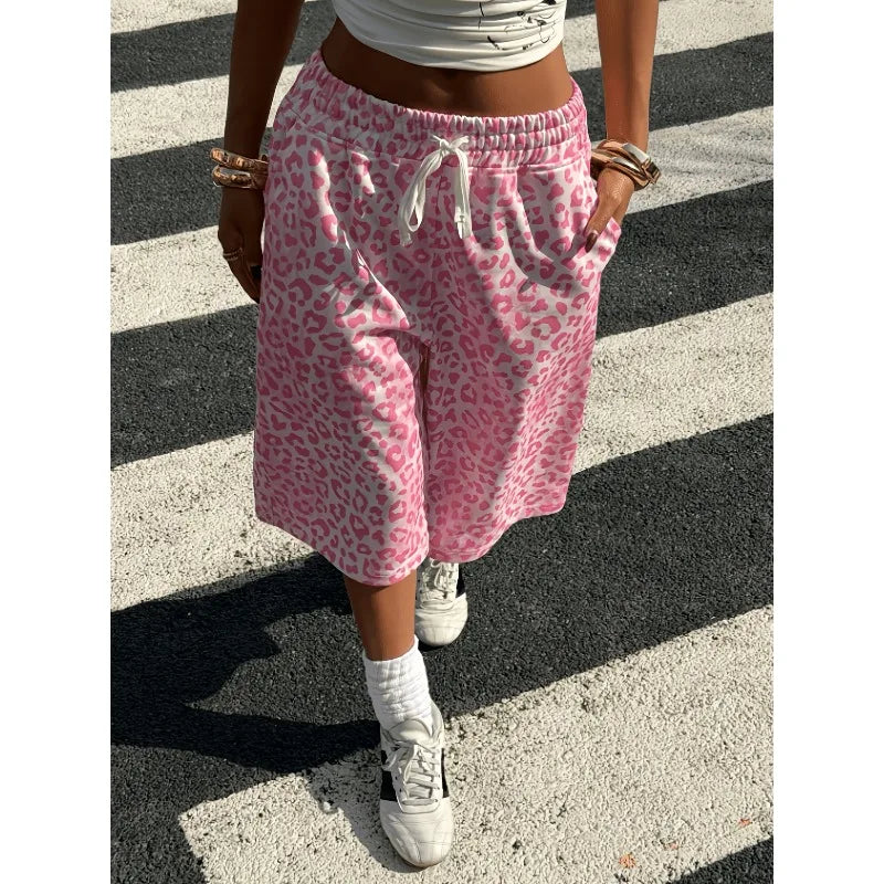Women's Leopard Print Drawstring Waistband Wide Leg Shorts, Versatile Casual Daily Wear, Recommended for Summer Fashion
