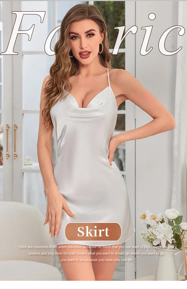 Fashion Solid Color V-neck Home Nightgown Women's Backless Cross Suspender Skirt Butterfly Decoration Simulation Silk Thin Dress