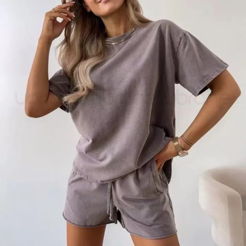 Simple Basic Shorts Set Solid Color Casual Comfortable Loose Temperament Daily Versatile Two-piece Set For Women 2026 Summer