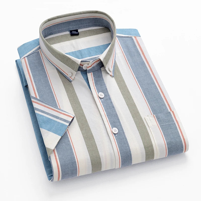 New Men's Striped Fashion Short Sleeve 100% Cotton Oxford Plaid Business Button Down Regular Fit Office Shirt Man Clothing