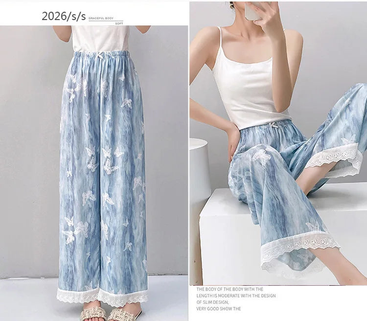 Women Viscose Casual Trousers With Lace Loose Pajamas Home Pants Thin Wide Leg Pants Fashion Oversized Sleep Bottom Korean Pants
