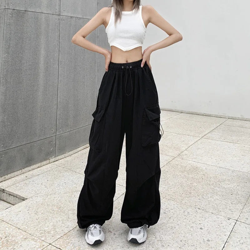 Women Streetwear Cargo Pants Elastic Waist Multi Pocket Loose Wide Leg Vintage Drawstring Casual Trousers