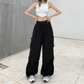 Women Streetwear Cargo Pants Elastic Waist Multi Pocket Loose Wide Leg Vintage Drawstring Casual Trousers