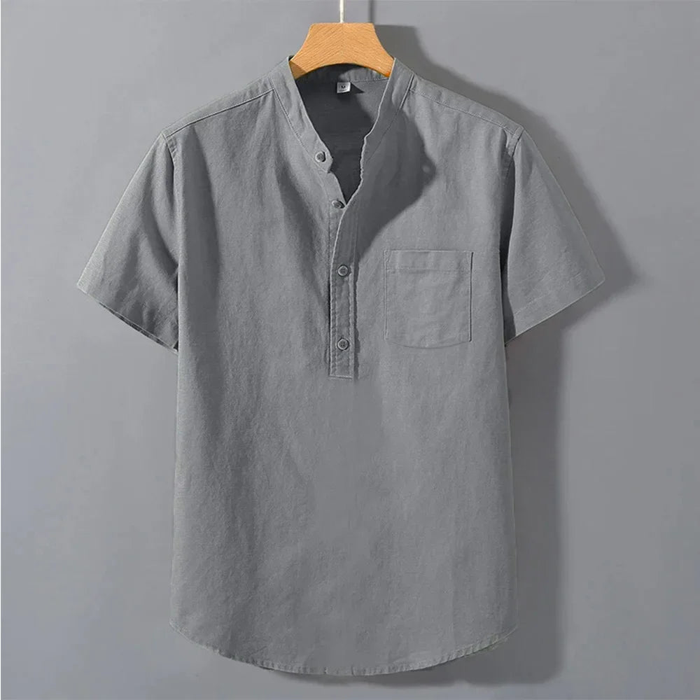Men's Summer Solid Colour Short Sleeve Shirt Pocket Design Daily Casual Comfortable Breathable Cotton Linen Shirt Top
